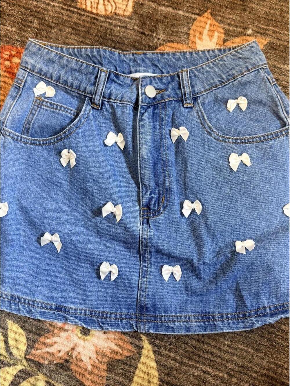Mable Denim Mini Skirt Small Blue Jean Skirt White Bow Embellished Coquette Y2K